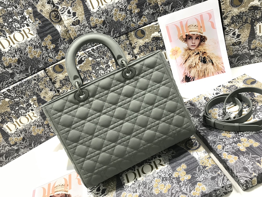 Large Lady Dior Bag Gray Ultramatte Cannage Calfskin